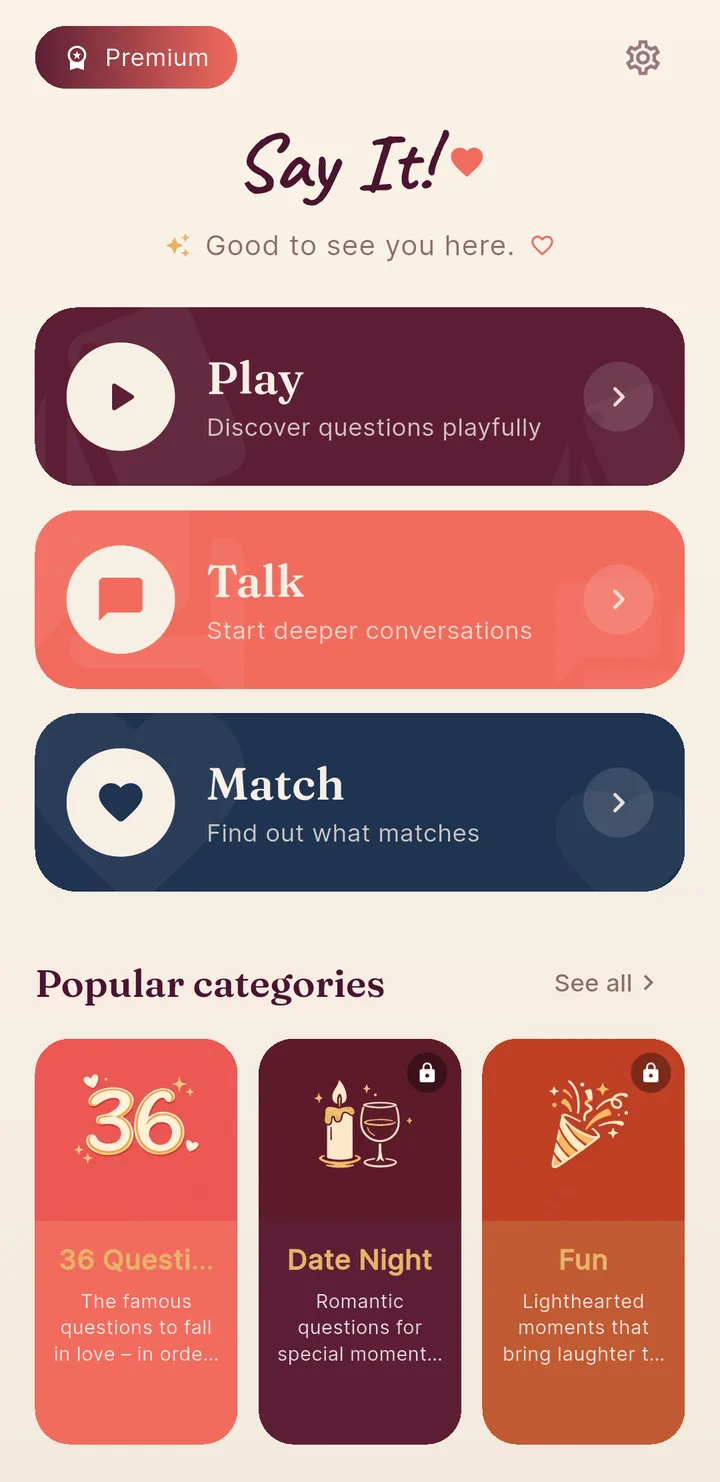 Say It! home screen with the Play, Talk and Match modes