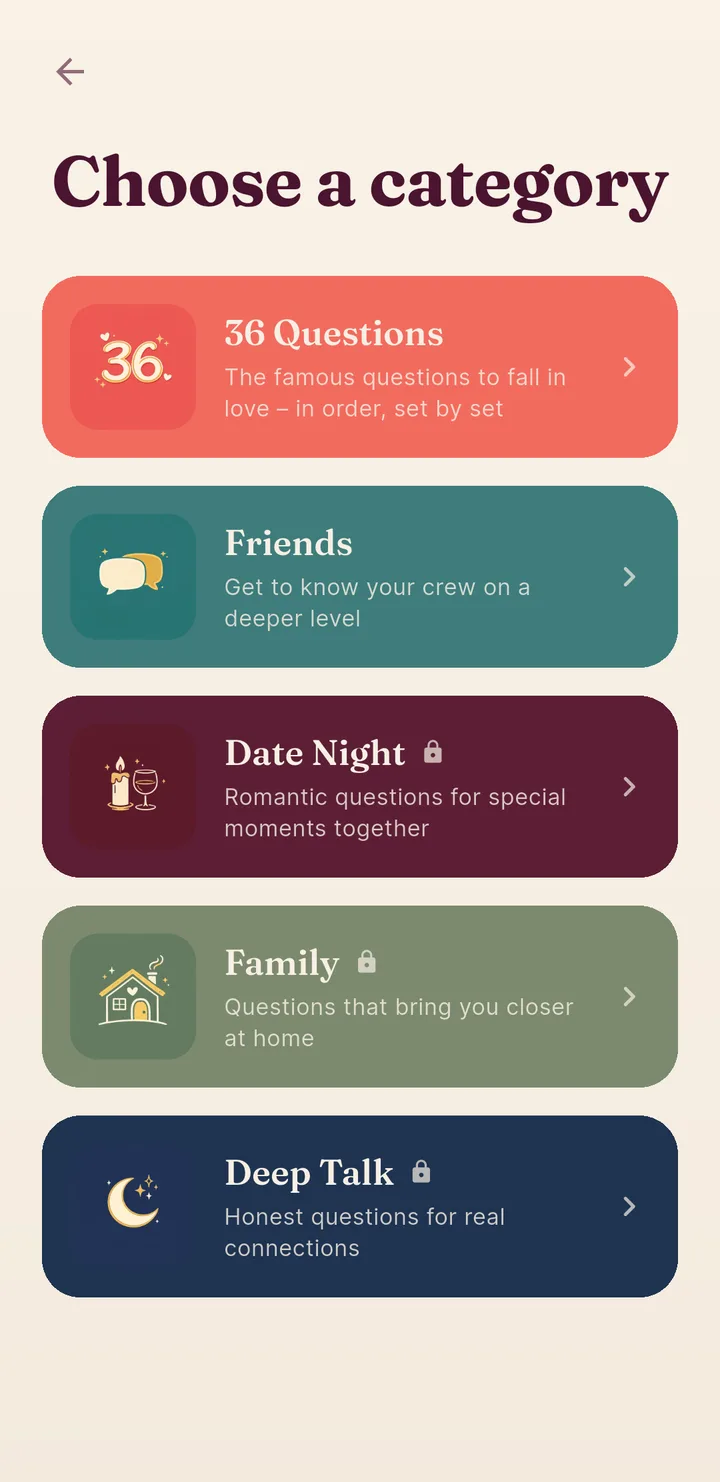 Talk mode category selection with 36 Questions, Date Night and Deep Talk